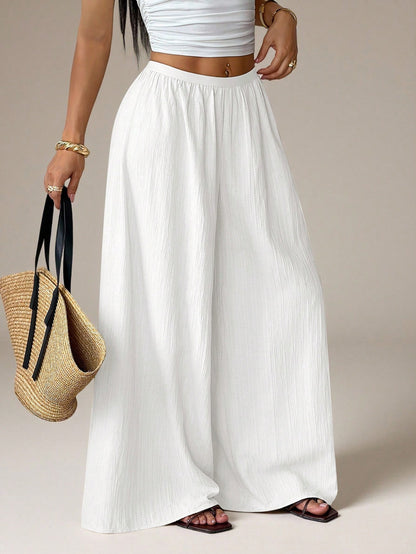 PETITE Summer Loose Textured Casual Vacation Wide Leg Pants,Petite Women