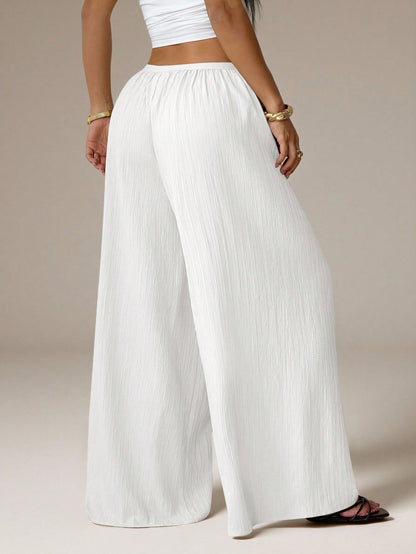 PETITE Summer Loose Textured Casual Vacation Wide Leg Pants,Petite Women