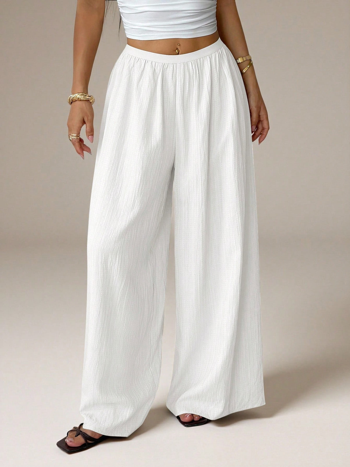 PETITE Summer Loose Textured Casual Vacation Wide Leg Pants,Petite Women