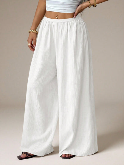 PETITE Summer Loose Textured Casual Vacation Wide Leg Pants,Petite Women