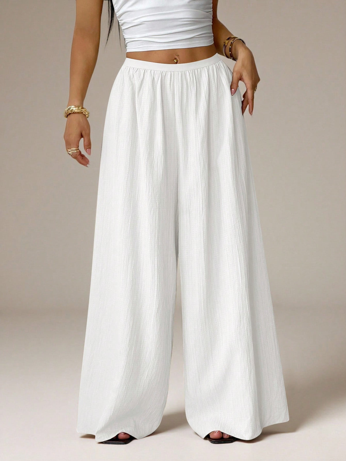 PETITE Summer Loose Textured Casual Vacation Wide Leg Pants,Petite Women
