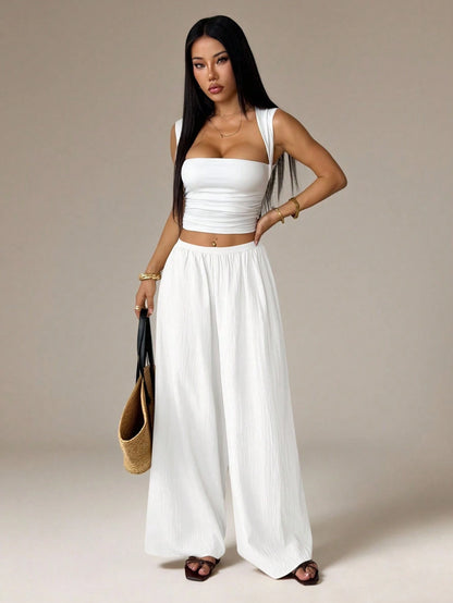 PETITE Summer Loose Textured Casual Vacation Wide Leg Pants,Petite Women