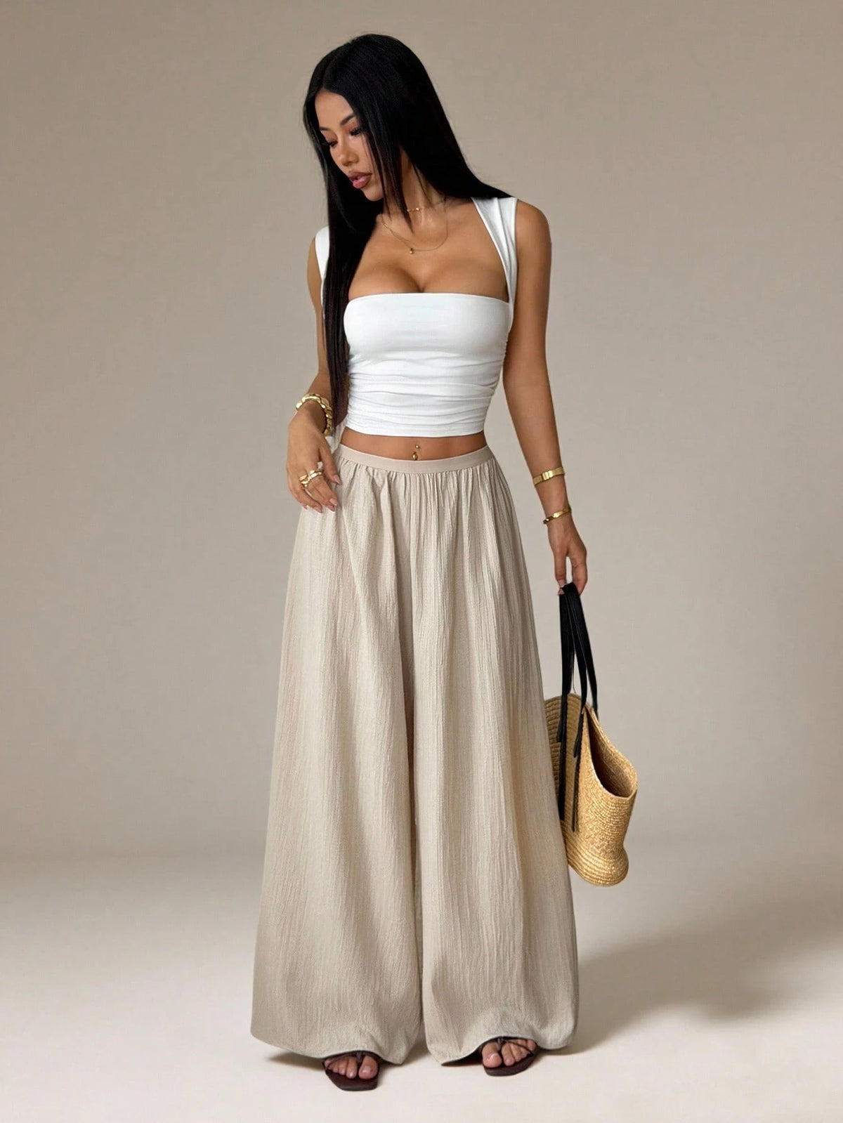 PETITE Summer Loose Textured Casual Vacation Wide Leg Pants,Petite Women