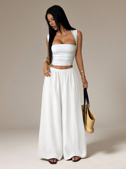 PETITE Summer Loose Textured Casual Vacation Wide Leg Pants,Petite Women