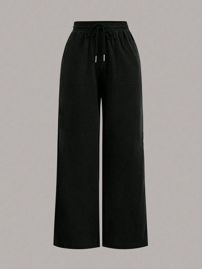 PETITE Two-Piece Set Summer Drawstring Wide-Leg Solid Color Trousers,Petite Women