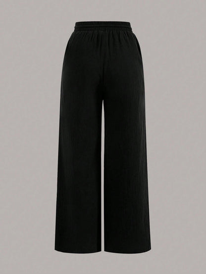 PETITE Two-Piece Set Summer Drawstring Wide-Leg Solid Color Trousers,Petite Women