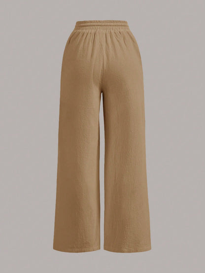 PETITE Two-Piece Set Summer Drawstring Wide-Leg Solid Color Trousers,Petite Women