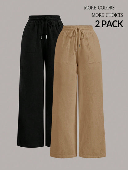 PETITE Two-Piece Set Summer Drawstring Wide-Leg Solid Color Trousers,Petite Women