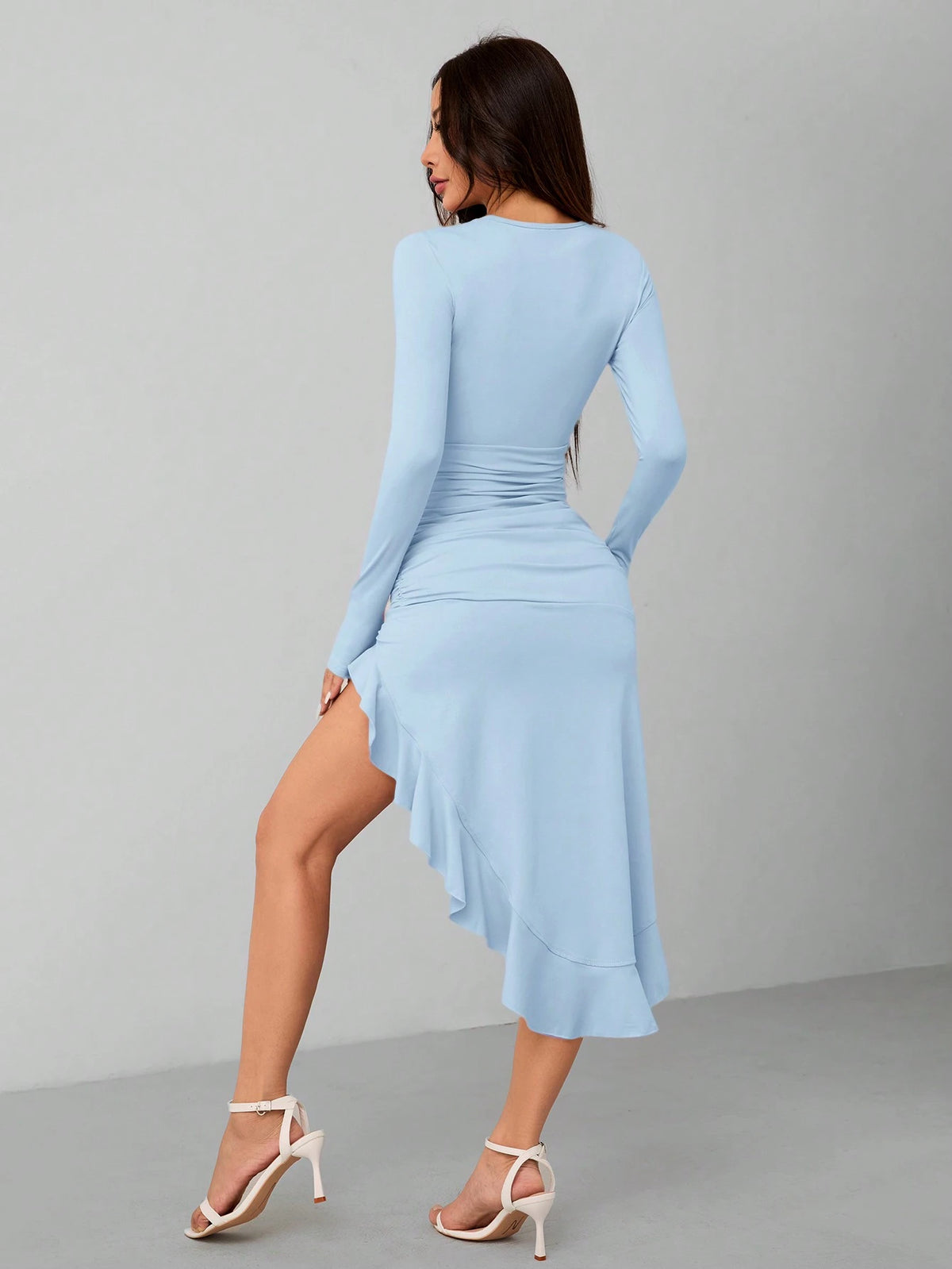 PETITE Women Elegant Solid Color Ruffle Hem High Split Midi Dress,Petite Women