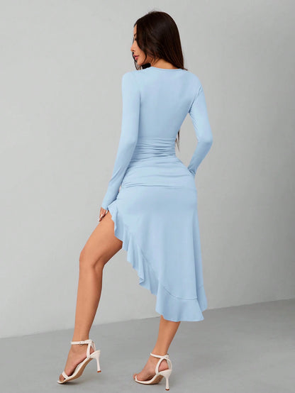 PETITE Women Elegant Solid Color Ruffle Hem High Split Midi Dress,Petite Women