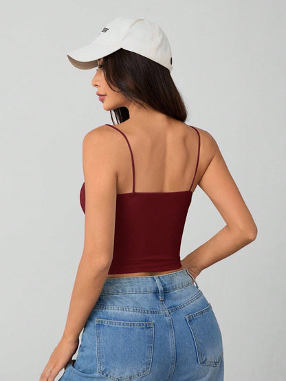 PETITE Women's Burgundy Tight Round Neck Breathable Basic Camisole Women's Tops Braless Vest Tops,Petite Women Going Out Summer Sexy