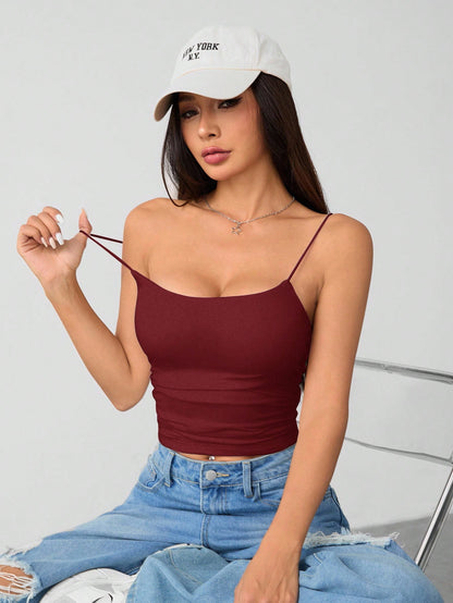 PETITE Women's Burgundy Tight Round Neck Breathable Basic Camisole Women's Tops Braless Vest Tops,Petite Women Going Out Summer Sexy