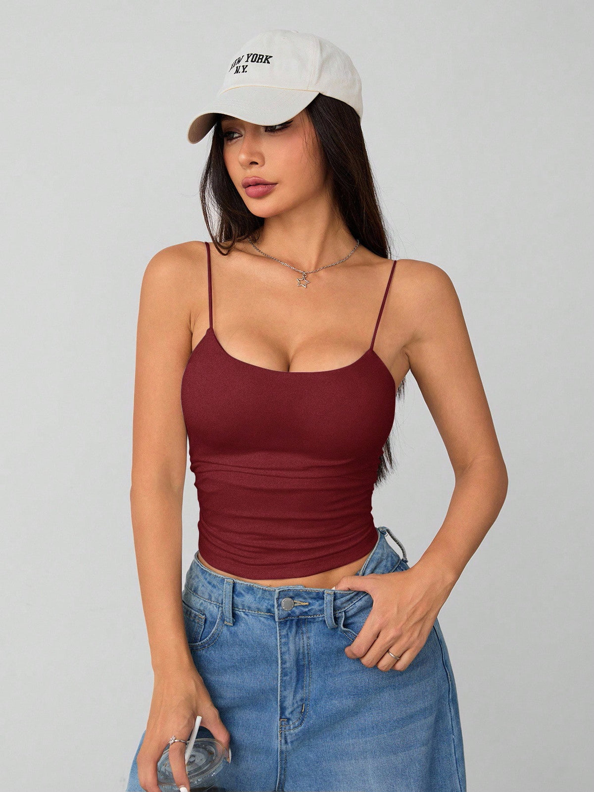 PETITE Women's Burgundy Tight Round Neck Breathable Basic Camisole Women's Tops Braless Vest Tops,Petite Women Going Out Summer Sexy