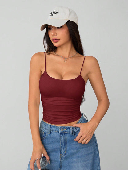PETITE Women's Burgundy Tight Round Neck Breathable Basic Camisole Women's Tops Braless Vest Tops,Petite Women Going Out Summer Sexy
