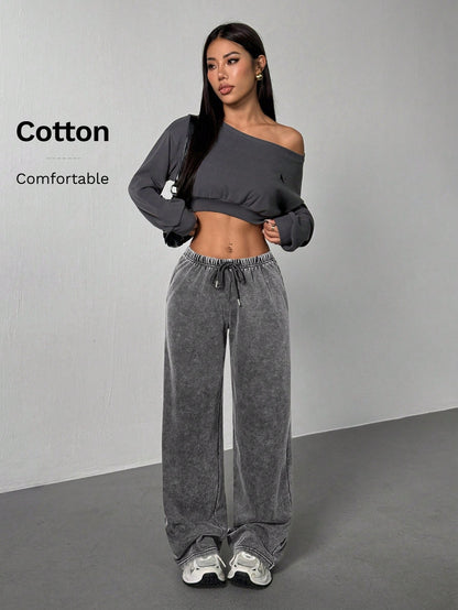 PETITE Women's Casual Low-Waist Straight Sweatpants, Suitable For Summer, Washed,Petite Women