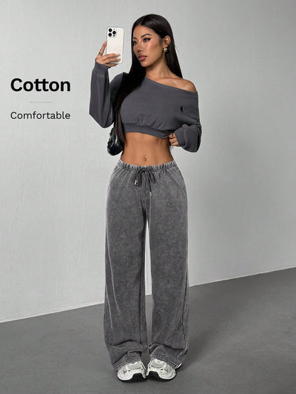 PETITE Women's Casual Low-Waist Straight Sweatpants, Suitable For Summer, Washed,Petite Women