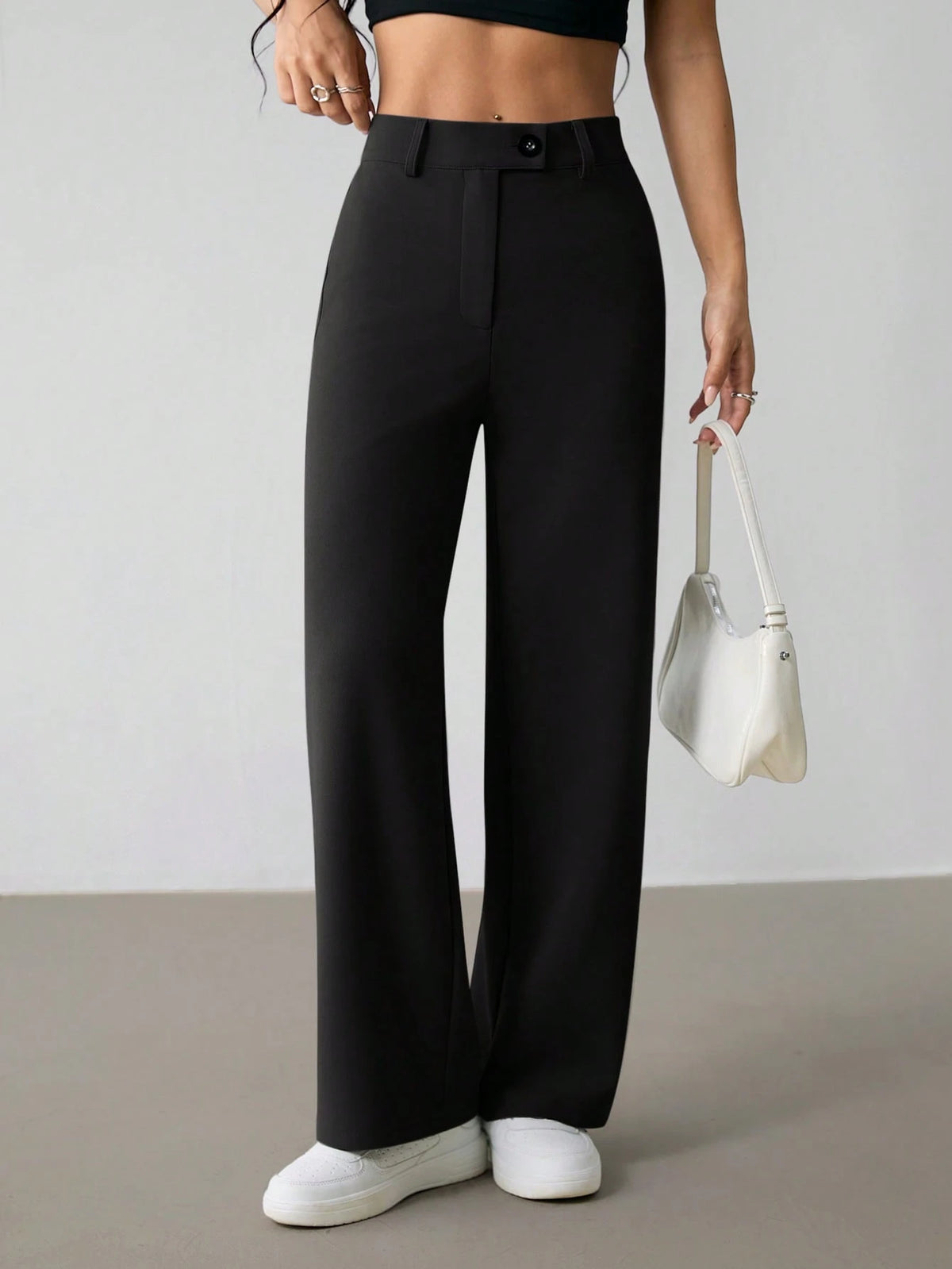 PETITE Women's Casual Minimal Solid Color Zip-Up Loose Straight-Leg Pants, For Daily Wear,Petite Women