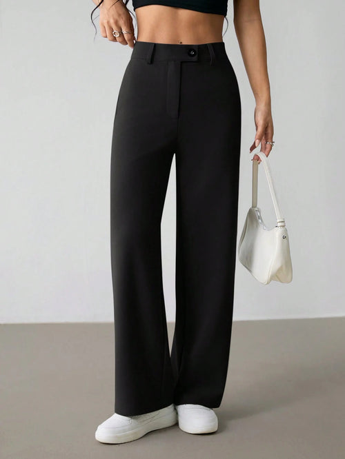 PETITE Women's Casual Minimal Solid Color Zip-Up Loose Straight-Leg Pants, For Daily Wear,Petite Women