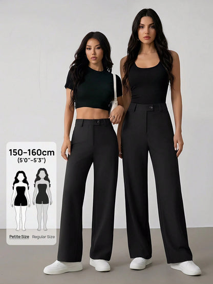PETITE Women's Casual Minimal Solid Color Zip-Up Loose Straight-Leg Pants, For Daily Wear,Petite Women