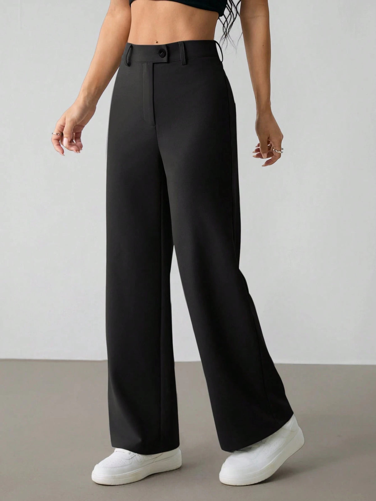 PETITE Women's Casual Minimal Solid Color Zip-Up Loose Straight-Leg Pants, For Daily Wear,Petite Women