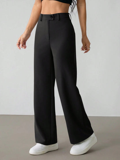 PETITE Women's Casual Minimal Solid Color Zip-Up Loose Straight-Leg Pants, For Daily Wear,Petite Women