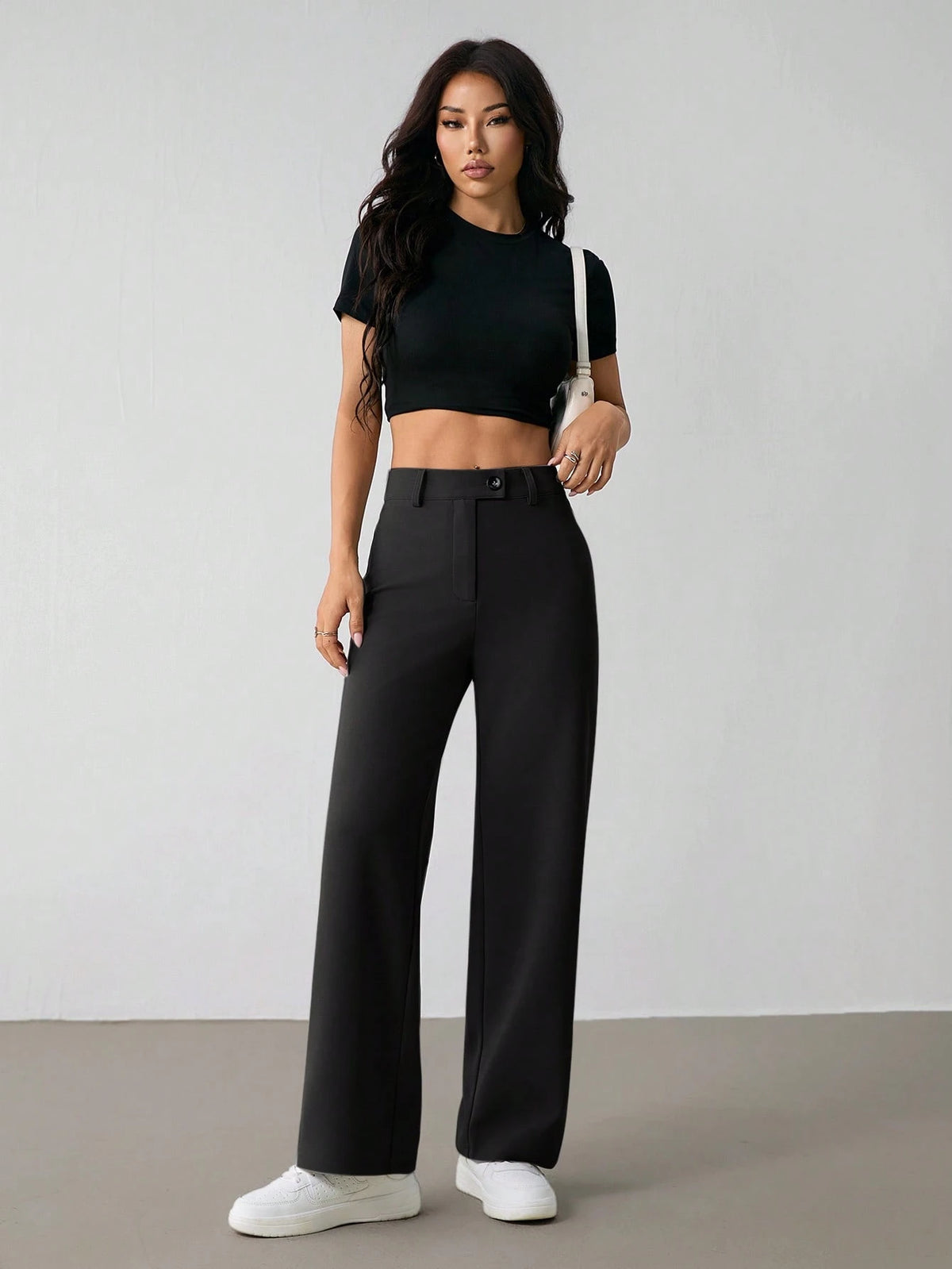 PETITE Women's Casual Minimal Solid Color Zip-Up Loose Straight-Leg Pants, For Daily Wear,Petite Women
