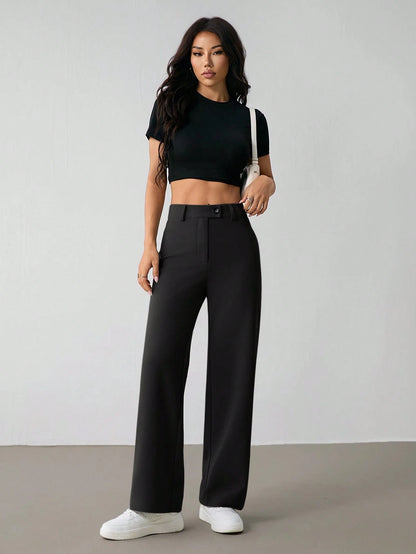 PETITE Women's Casual Minimal Solid Color Zip-Up Loose Straight-Leg Pants, For Daily Wear,Petite Women