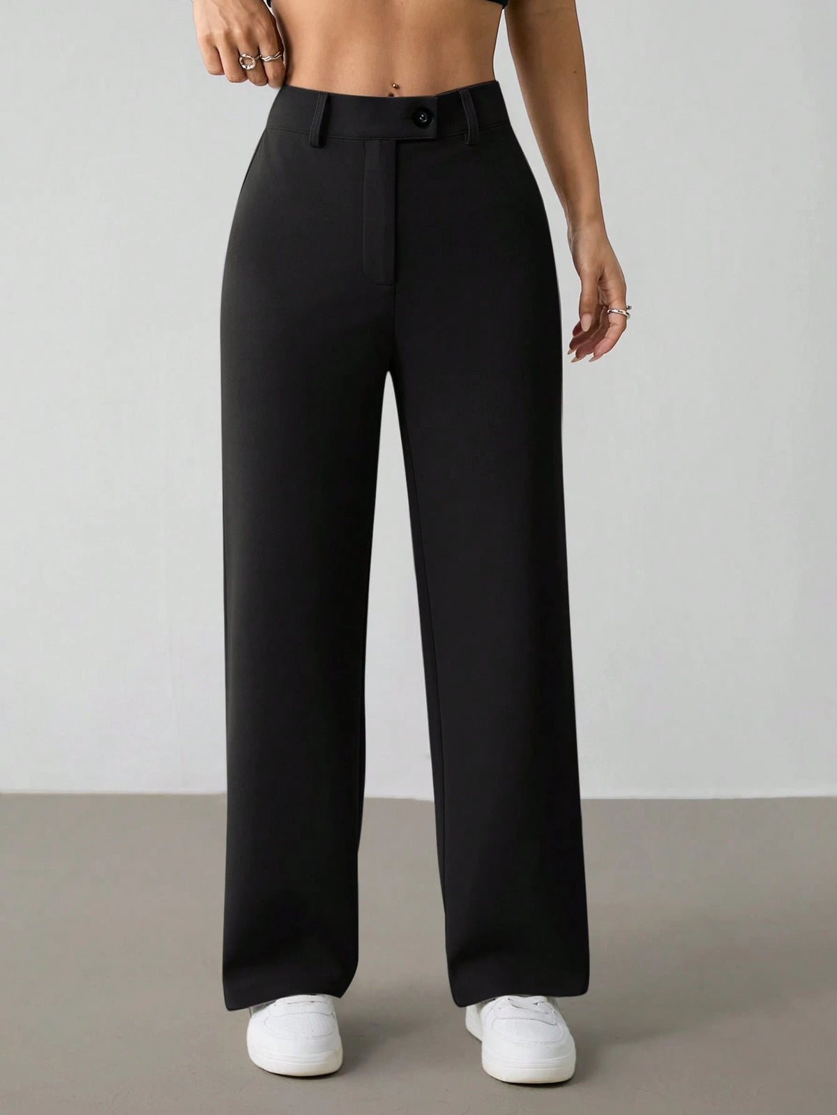 PETITE Women's Casual Minimal Solid Color Zip-Up Loose Straight-Leg Pants, For Daily Wear,Petite Women