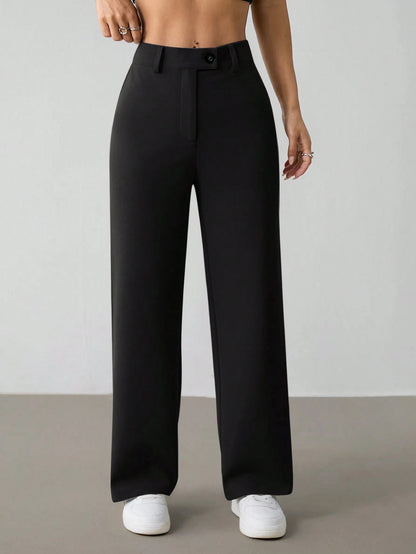 PETITE Women's Casual Minimal Solid Color Zip-Up Loose Straight-Leg Pants, For Daily Wear,Petite Women