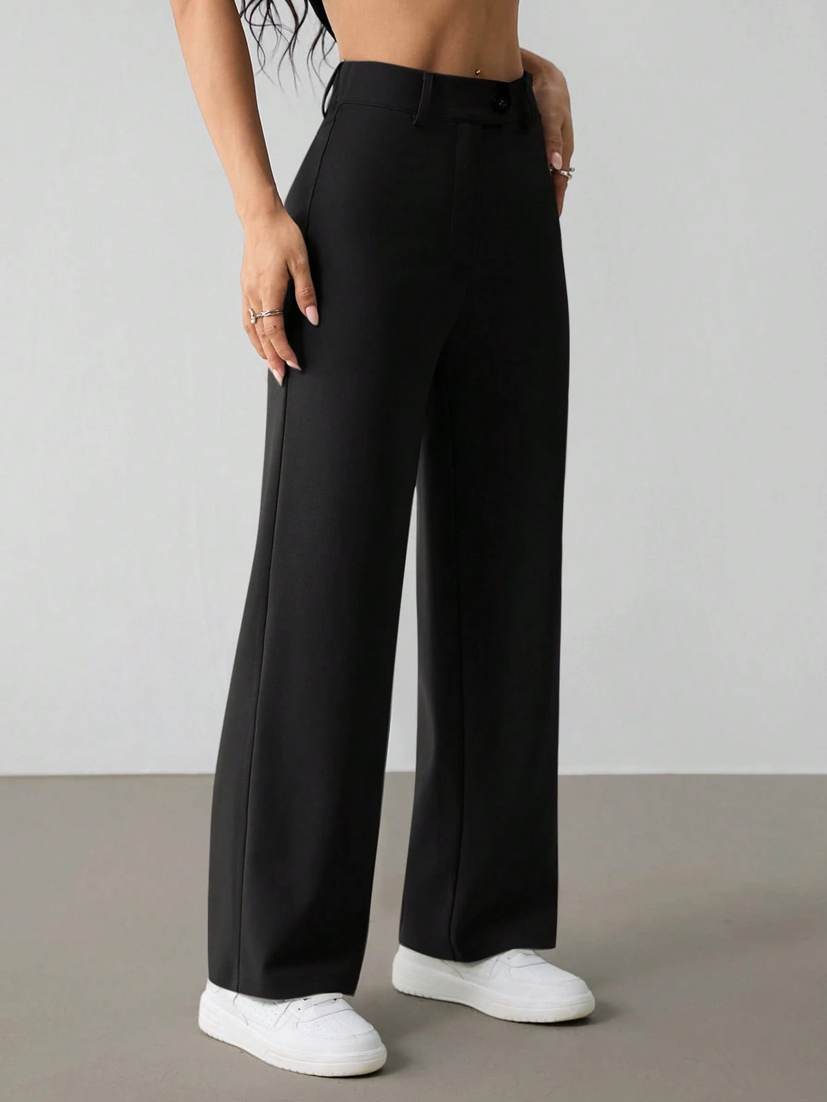 PETITE Women's Casual Minimal Solid Color Zip-Up Loose Straight-Leg Pants, For Daily Wear,Petite Women