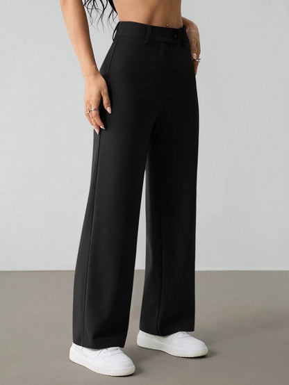 PETITE Women's Casual Minimal Solid Color Zip-Up Loose Straight-Leg Pants, For Daily Wear,Petite Women