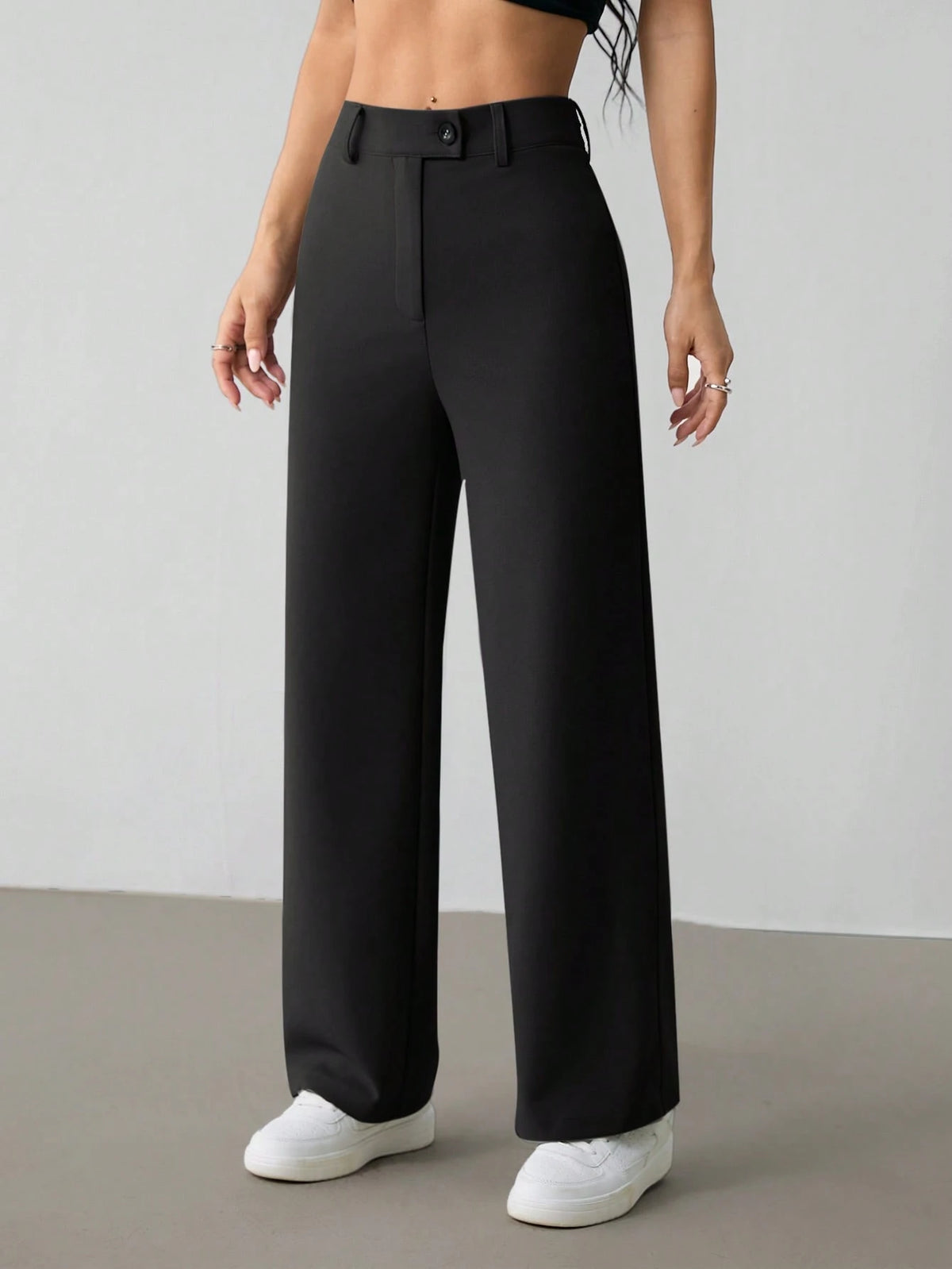 PETITE Women's Casual Minimal Solid Color Zip-Up Loose Straight-Leg Pants, For Daily Wear,Petite Women