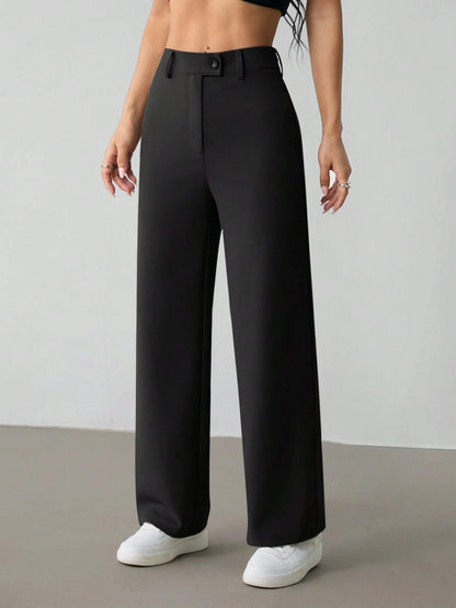 PETITE Women's Casual Minimal Solid Color Zip-Up Loose Straight-Leg Pants, For Daily Wear,Petite Women