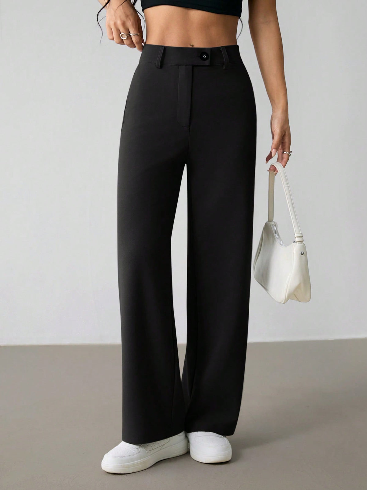 PETITE Women's Casual Minimal Solid Color Zip-Up Loose Straight-Leg Pants, For Daily Wear,Petite Women