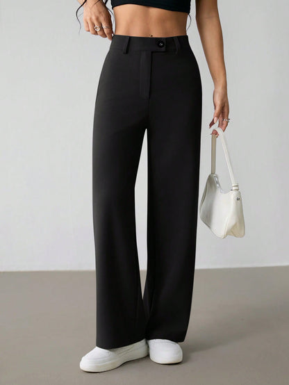 PETITE Women's Casual Minimal Solid Color Zip-Up Loose Straight-Leg Pants, For Daily Wear,Petite Women