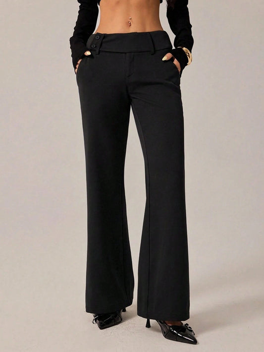 PETITE Women's Fashion Classy Elegant Office Flare Leg Pants,Retro Pocket Black Winter Trousers,Old Money Business Casual Back To School Outfits,Petite Women