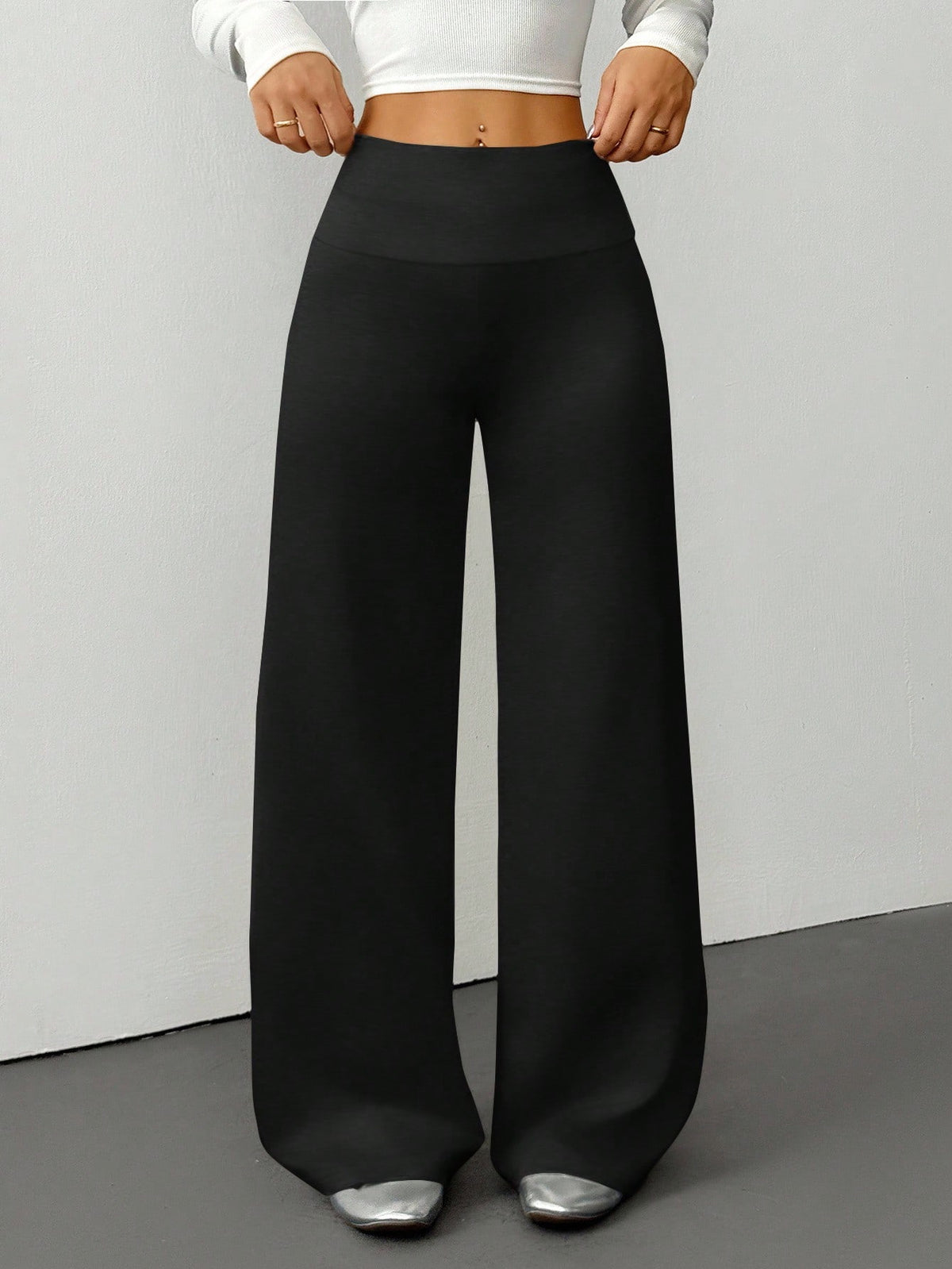 PETITE Women's Solid Color Fold-Over Waist Wide-Leg Casual Pants,Summer Black High Waist Palazzo Pants,Loose Lounge Sweatpants,All-Match Flare Dress Pants,Petite Women