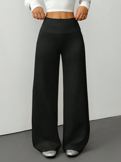 PETITE Women's Solid Color Fold-Over Waist Wide-Leg Casual Pants,Summer Black High Waist Palazzo Pants,Loose Lounge Sweatpants,All-Match Flare Dress Pants,Petite Women