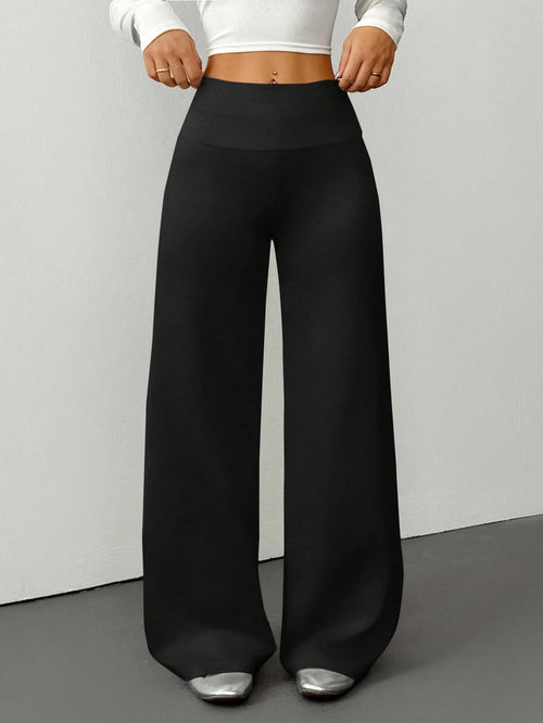 PETITE Women's Solid Color Fold-Over Waist Wide-Leg Casual Pants,Summer Black High Waist Palazzo Pants,Loose Lounge Sweatpants,All-Match Flare Dress Pants,Petite Women