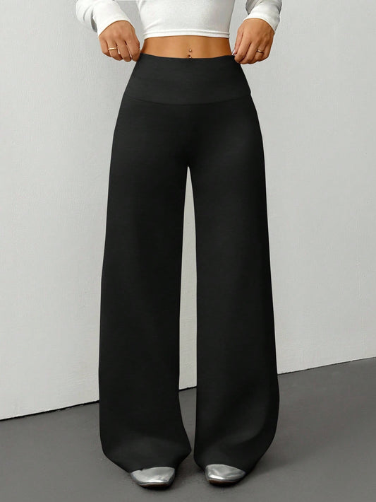 PETITE Women's Solid Color Fold-Over Waist Wide-Leg Casual Pants,Summer Black High Waist Palazzo Pants,Loose Lounge Sweatpants,All-Match Flare Dress Pants,Petite Women