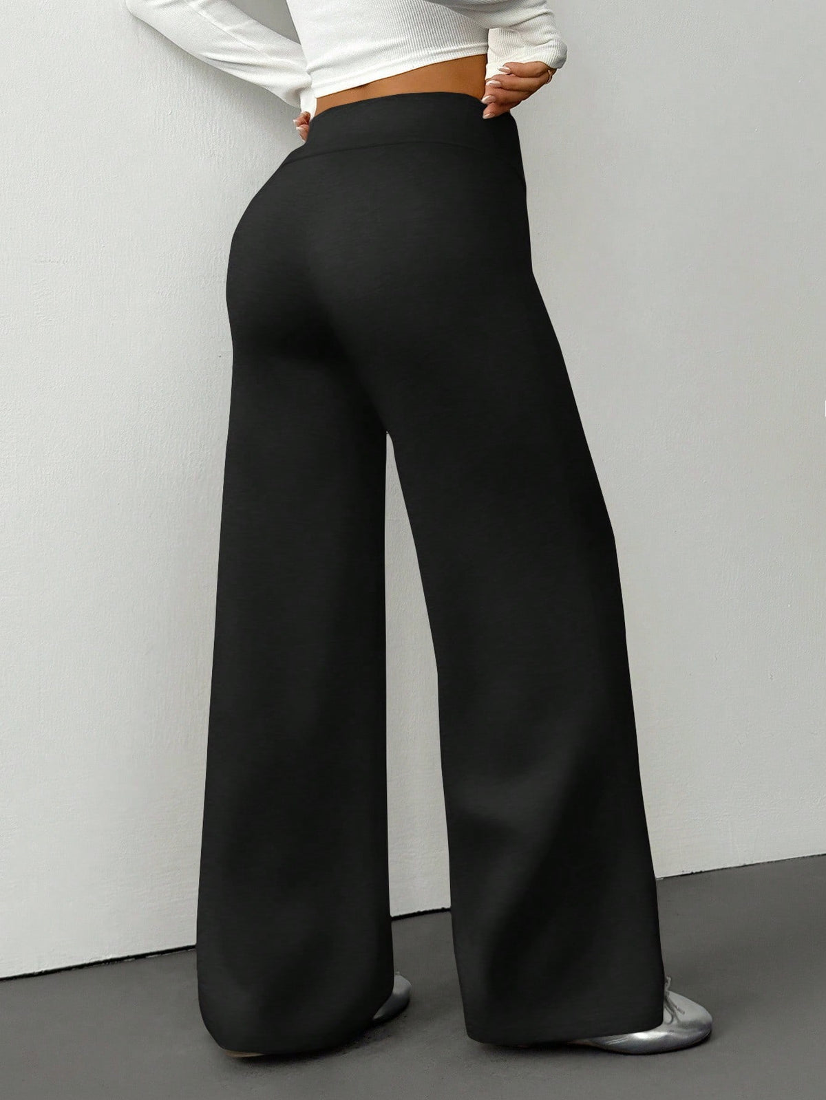 PETITE Women's Solid Color Fold-Over Waist Wide-Leg Casual Pants,Summer Black High Waist Palazzo Pants,Loose Lounge Sweatpants,All-Match Flare Dress Pants,Petite Women