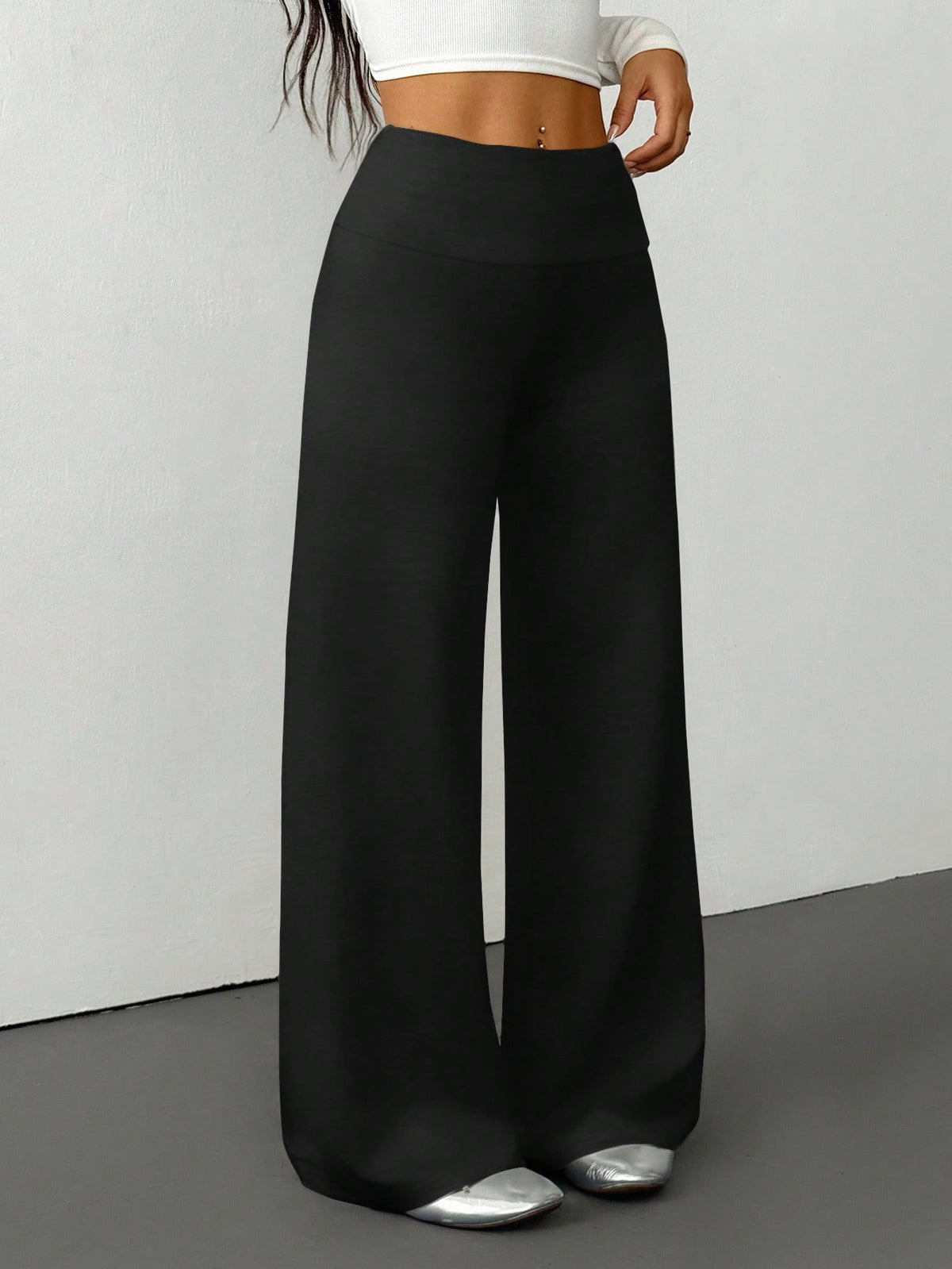 PETITE Women's Solid Color Fold-Over Waist Wide-Leg Casual Pants,Summer Black High Waist Palazzo Pants,Loose Lounge Sweatpants,All-Match Flare Dress Pants,Petite Women