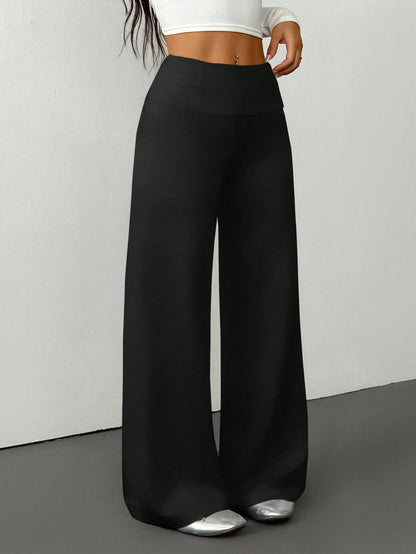 PETITE Women's Solid Color Fold-Over Waist Wide-Leg Casual Pants,Summer Black High Waist Palazzo Pants,Loose Lounge Sweatpants,All-Match Flare Dress Pants,Petite Women