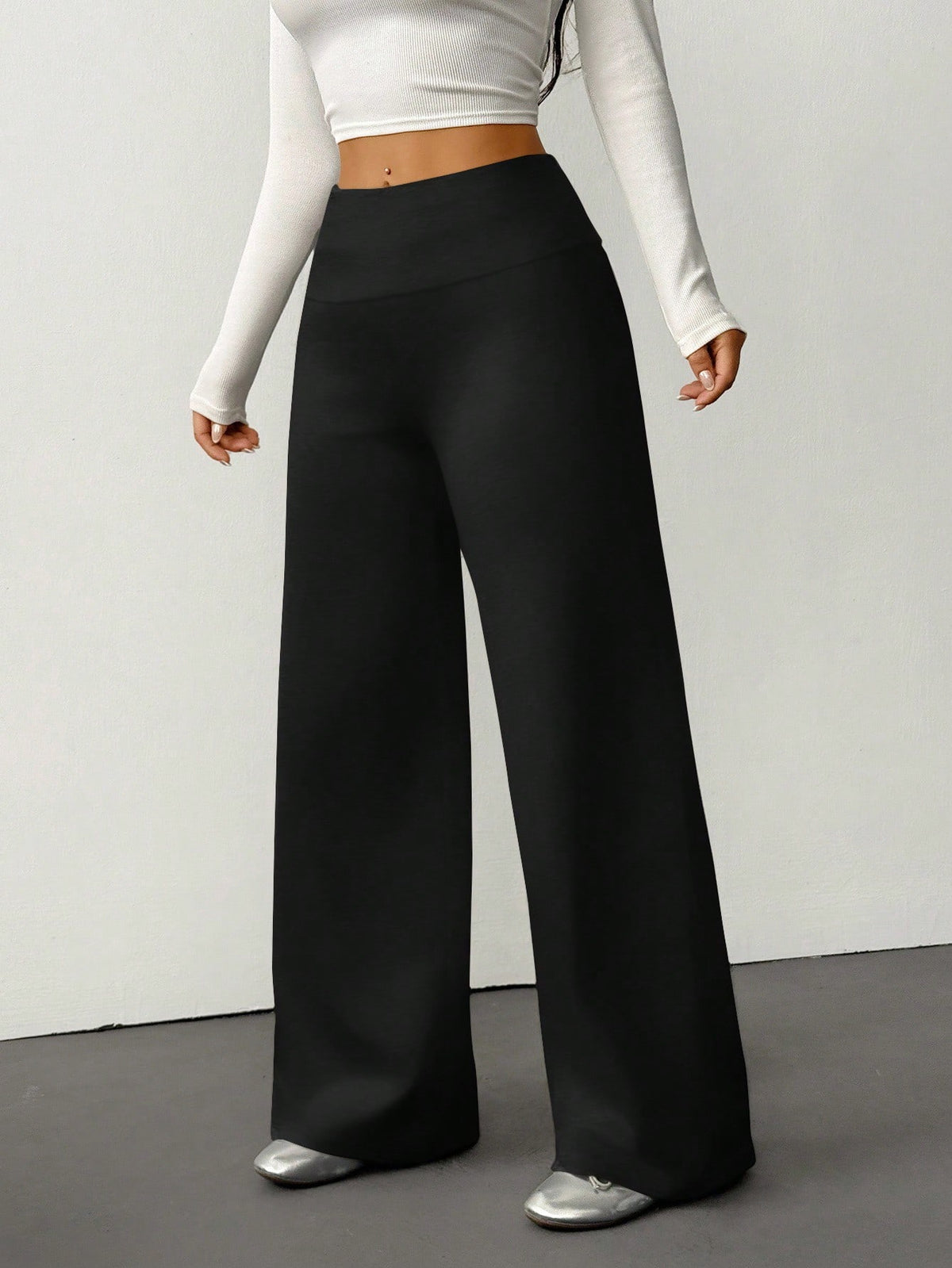 PETITE Women's Solid Color Fold-Over Waist Wide-Leg Casual Pants,Summer Black High Waist Palazzo Pants,Loose Lounge Sweatpants,All-Match Flare Dress Pants,Petite Women