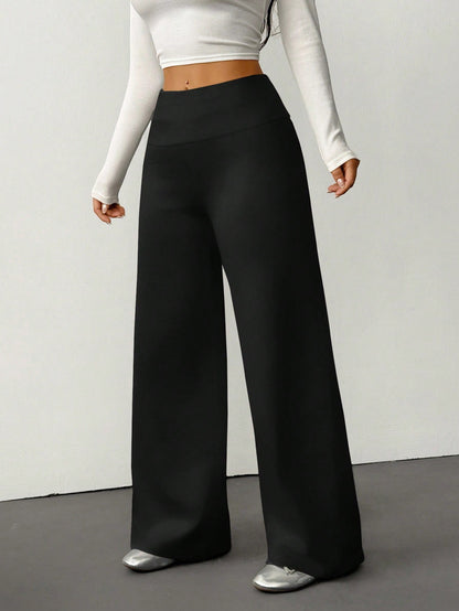 PETITE Women's Solid Color Fold-Over Waist Wide-Leg Casual Pants,Summer Black High Waist Palazzo Pants,Loose Lounge Sweatpants,All-Match Flare Dress Pants,Petite Women