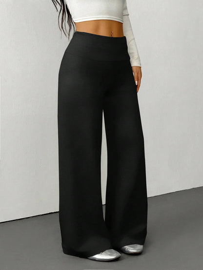 PETITE Women's Solid Color Fold-Over Waist Wide-Leg Casual Pants,Summer Black High Waist Palazzo Pants,Loose Lounge Sweatpants,All-Match Flare Dress Pants,Petite Women