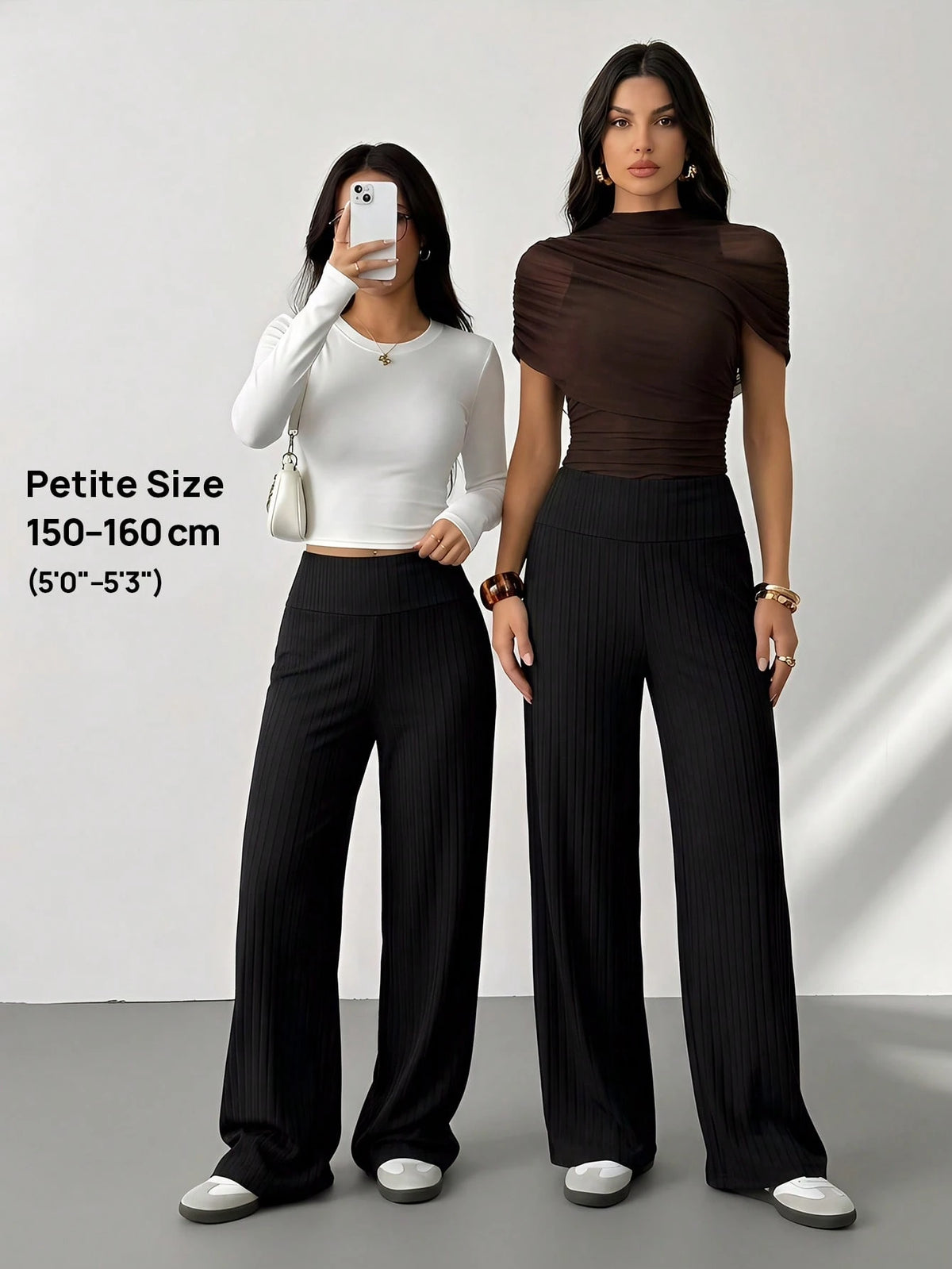 PETITE Women's Solid Color Fold-Over Waist Wide-Leg Casual Pants,Summer Black High Waist Palazzo Pants,Loose Lounge Sweatpants,All-Match Flare Dress Pants,Petite Women