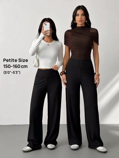 PETITE Women's Solid Color Fold-Over Waist Wide-Leg Casual Pants,Summer Black High Waist Palazzo Pants,Loose Lounge Sweatpants,All-Match Flare Dress Pants,Petite Women