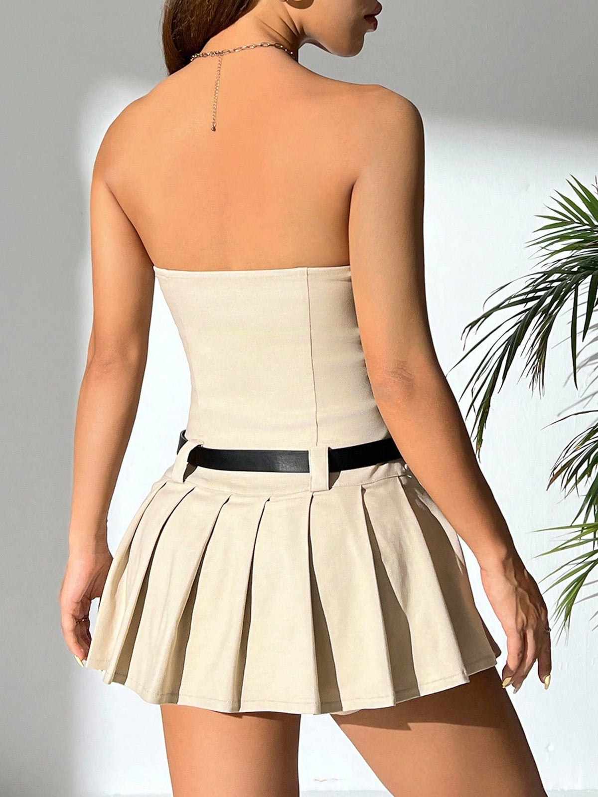 PETITE Women's Solid Color Pleated Hem Bandeau Dress,Sun Dress,Petite Women