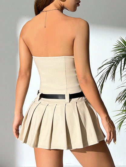 PETITE Women's Solid Color Pleated Hem Bandeau Dress,Sun Dress,Petite Women